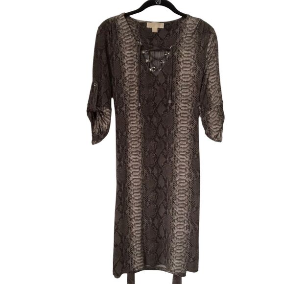Michael Kors Dress Size S Brown Animal Snakeskin Caged V-neck Roll Tab Sleeve - Picture 1 of 12